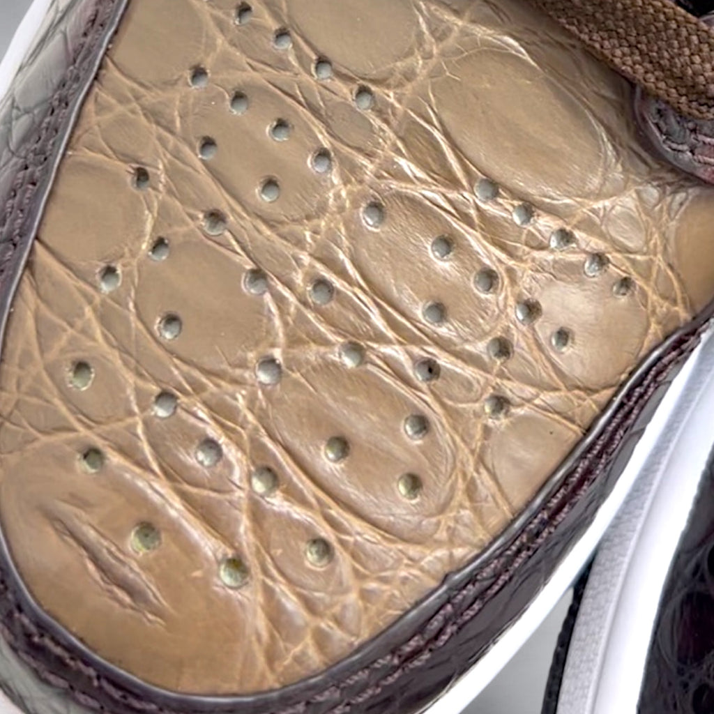 Close-up of tan alligator  toe box custom Sandstone AJ1 Low