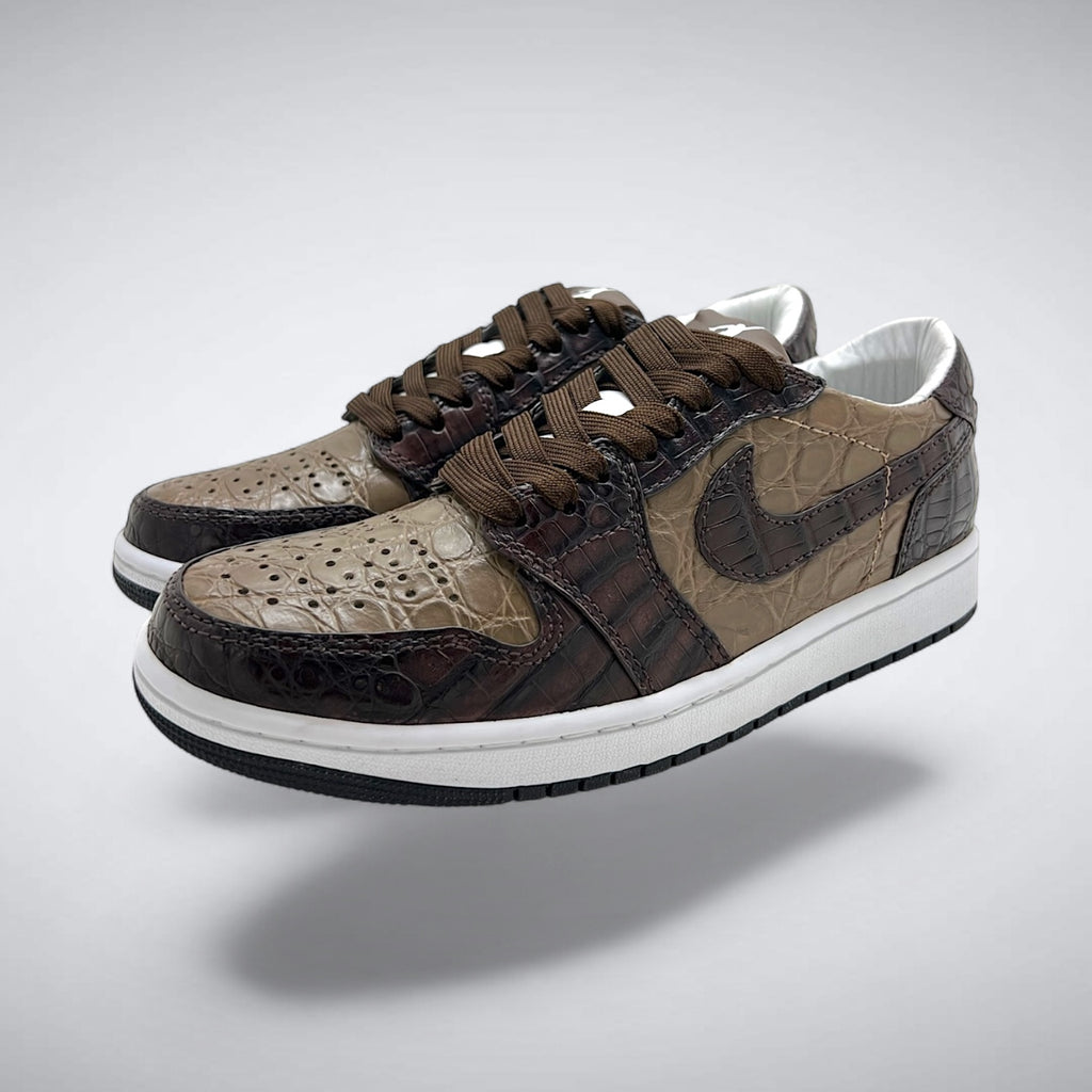 Sandstone custom Air Jordan 1 Low side profile with tonal brown and tan alligator leather