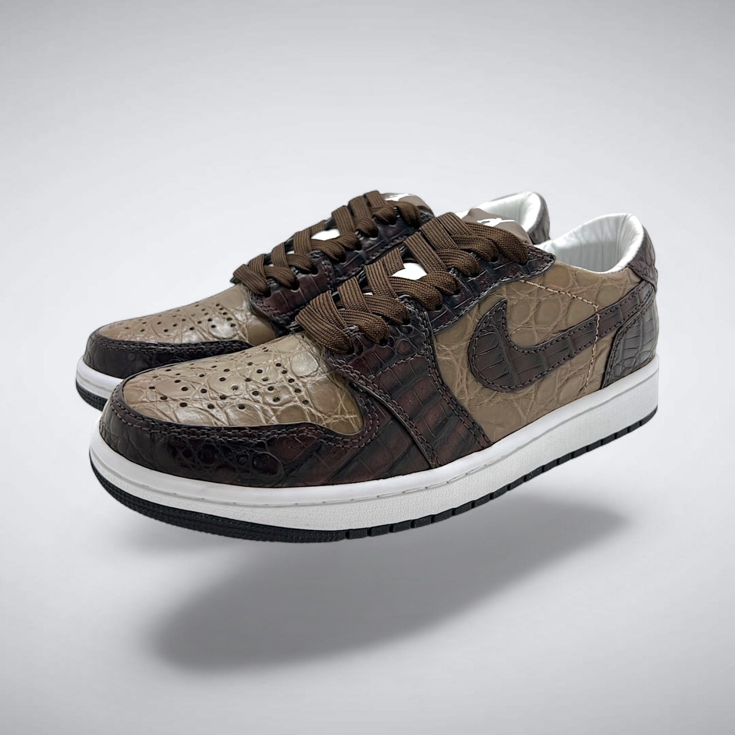 Sandstone custom Air Jordan 1 Low side profile with tonal brown and tan alligator leather