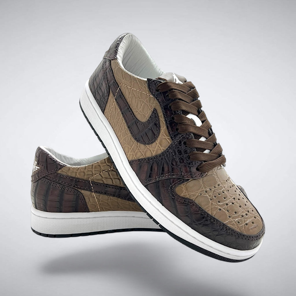 Sandstone AJ1 Low pair in brown and tan alligator leather handcrafted in the USA