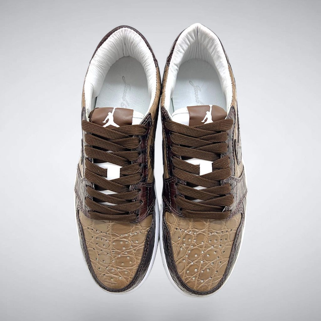 Sandstone custom AJ1 Low top view with tan ostrich toe box and brown alligator overlays
