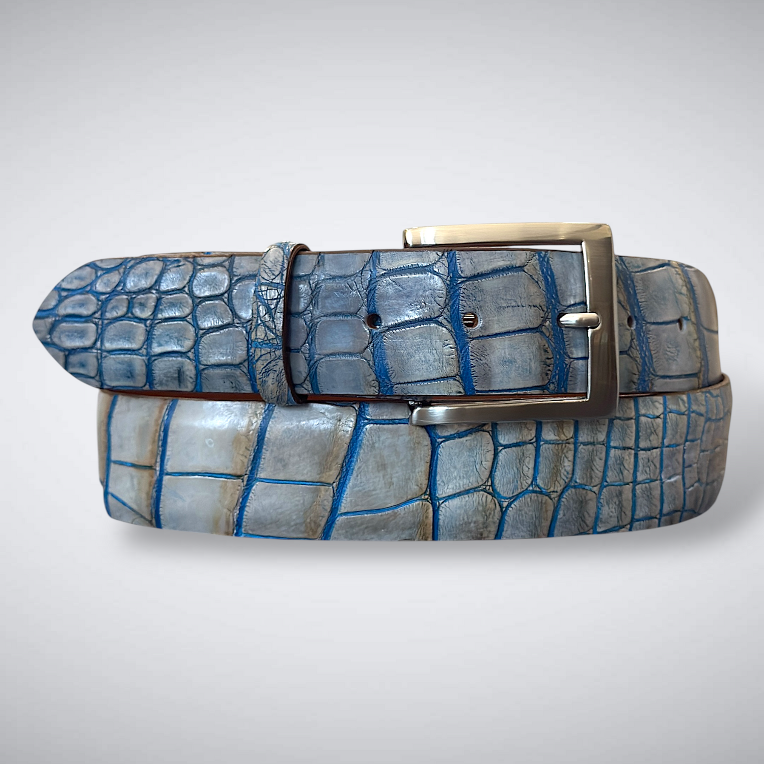 Sea Island Alligator Belt – Single Piece (Matte White Grey Blue)