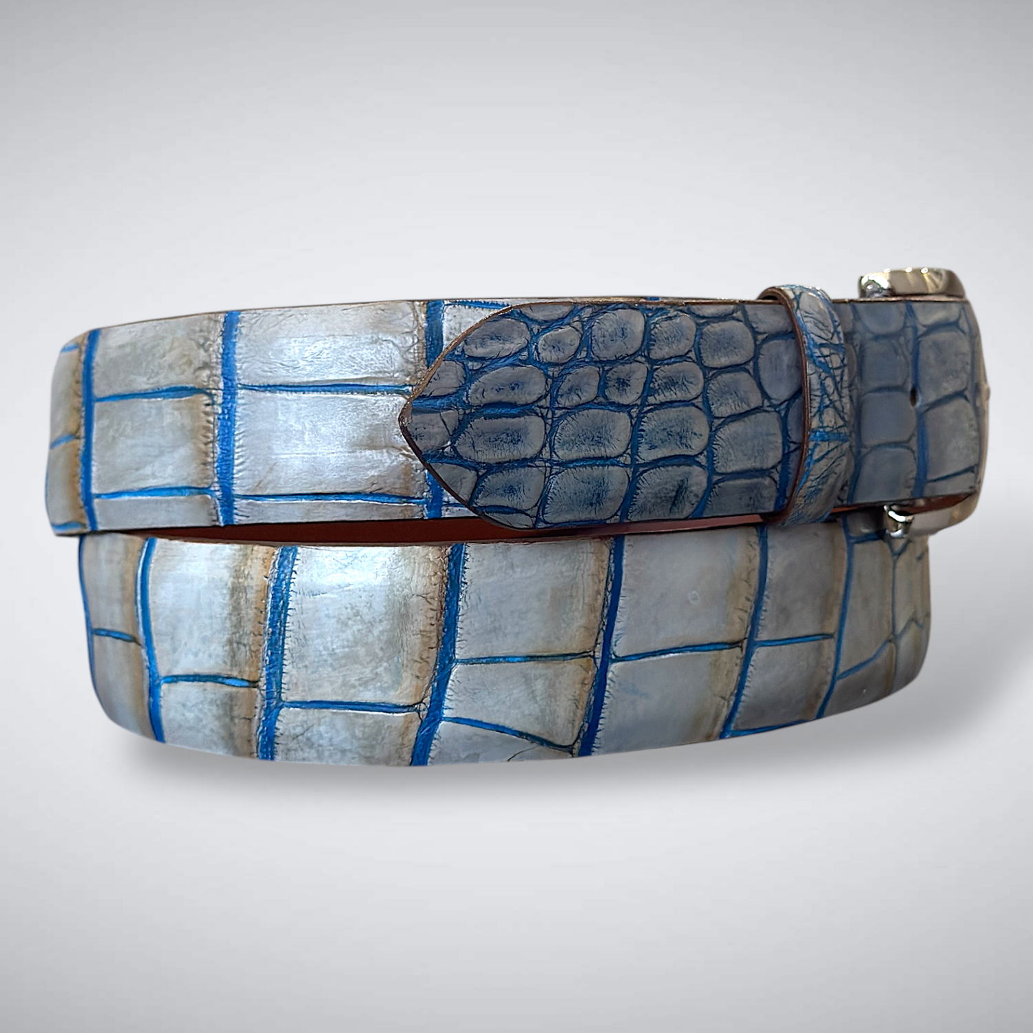 Sea Island Alligator Belt – Single Piece (Matte White Grey Blue)