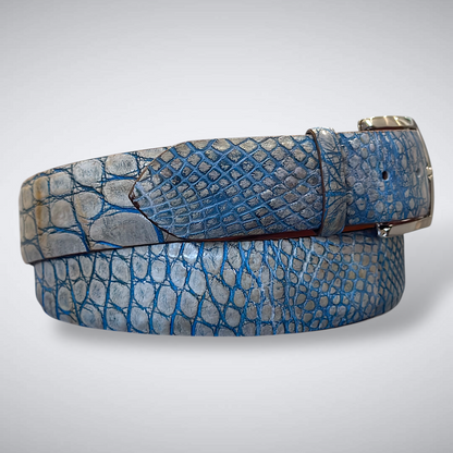 Sea Island Crocodile Flank Belt – Matte White Grey Blue
