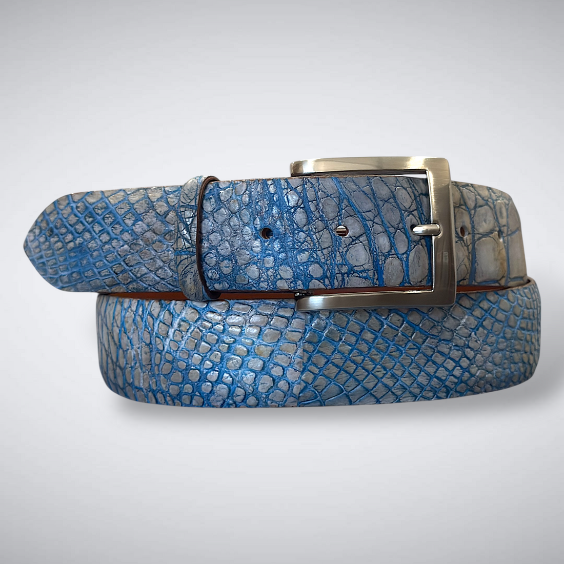 Sea Island Crocodile Flank Belt – Matte White Grey Blue