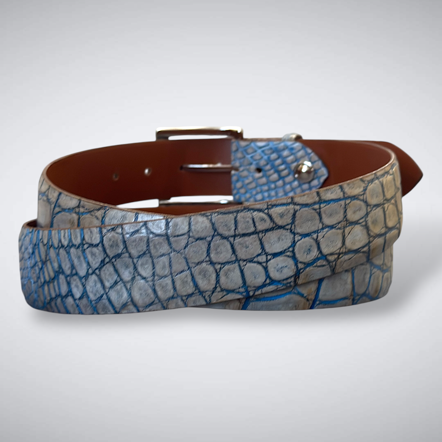Sea Island Crocodile Flank Belt – Matte White Grey Blue