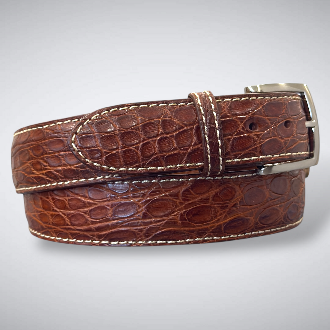 Sinatra Crocodile Flank Belt (Cognac Khaki Stitch)