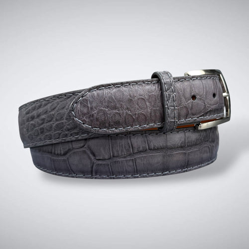 matte gray alligator belt with silver tone buckle