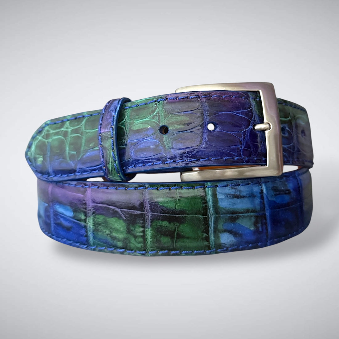 Ready to Ship Hand- Painted Crocodile Belt: Stained Glass 25 (Cobalt Stitch 1.5W)