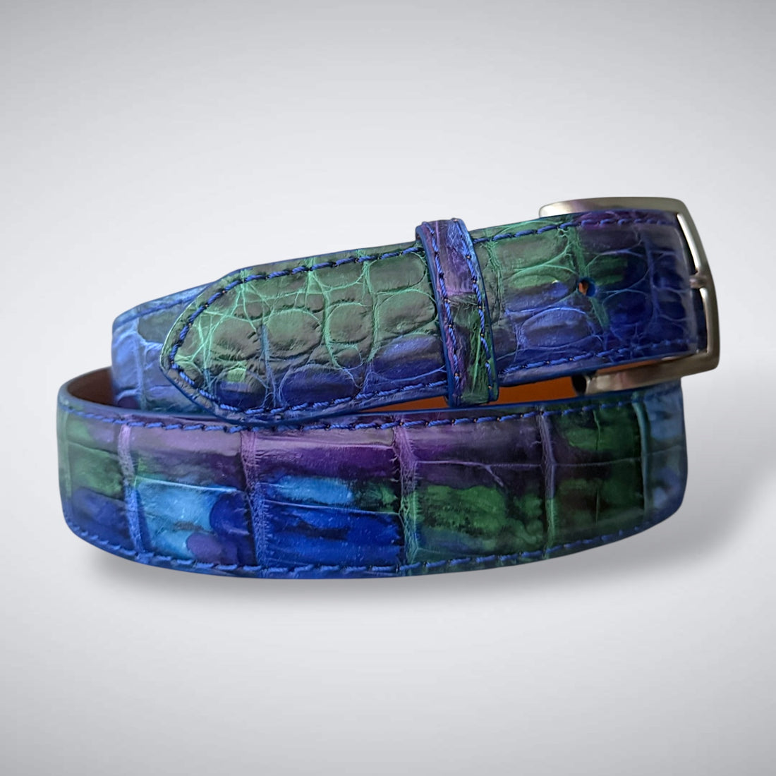 Ready to Ship Hand- Painted Crocodile Belt: Stained Glass 25 (Cobalt Stitch 1.5W)