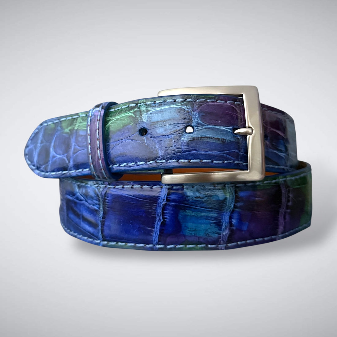 Ready to Ship Hand- Painted Crocodile Belt: Stained Glass 25 (Sky Blue Stitch 1.5W)