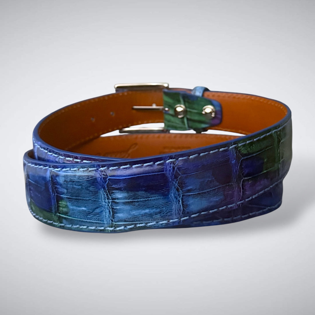 Ready to Ship Hand- Painted Crocodile Belt: Stained Glass 25 (Sky Blue Stitch 1.5W)