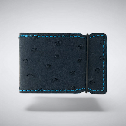 The Daly Cash Cover — Navy Ostrich Quill with Sky Blue Stitch