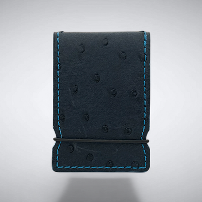 The Daly Cash Cover — Navy Ostrich Quill with Sky Blue Stitch