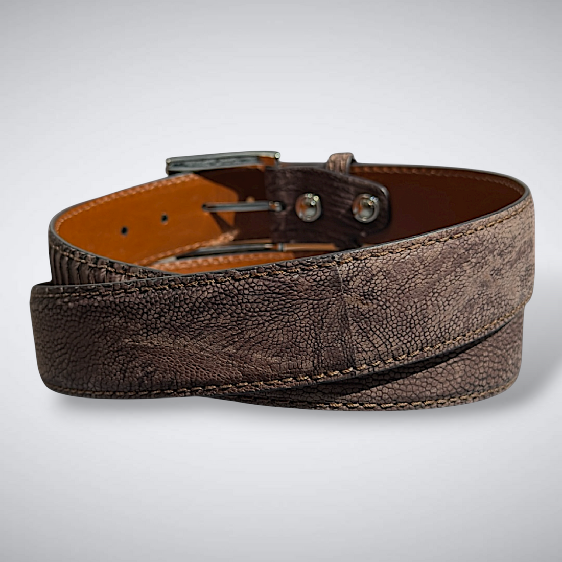 Brown Eyed Girl Ostrich Shin Belt (Brown Suede, Khaki Stitch)