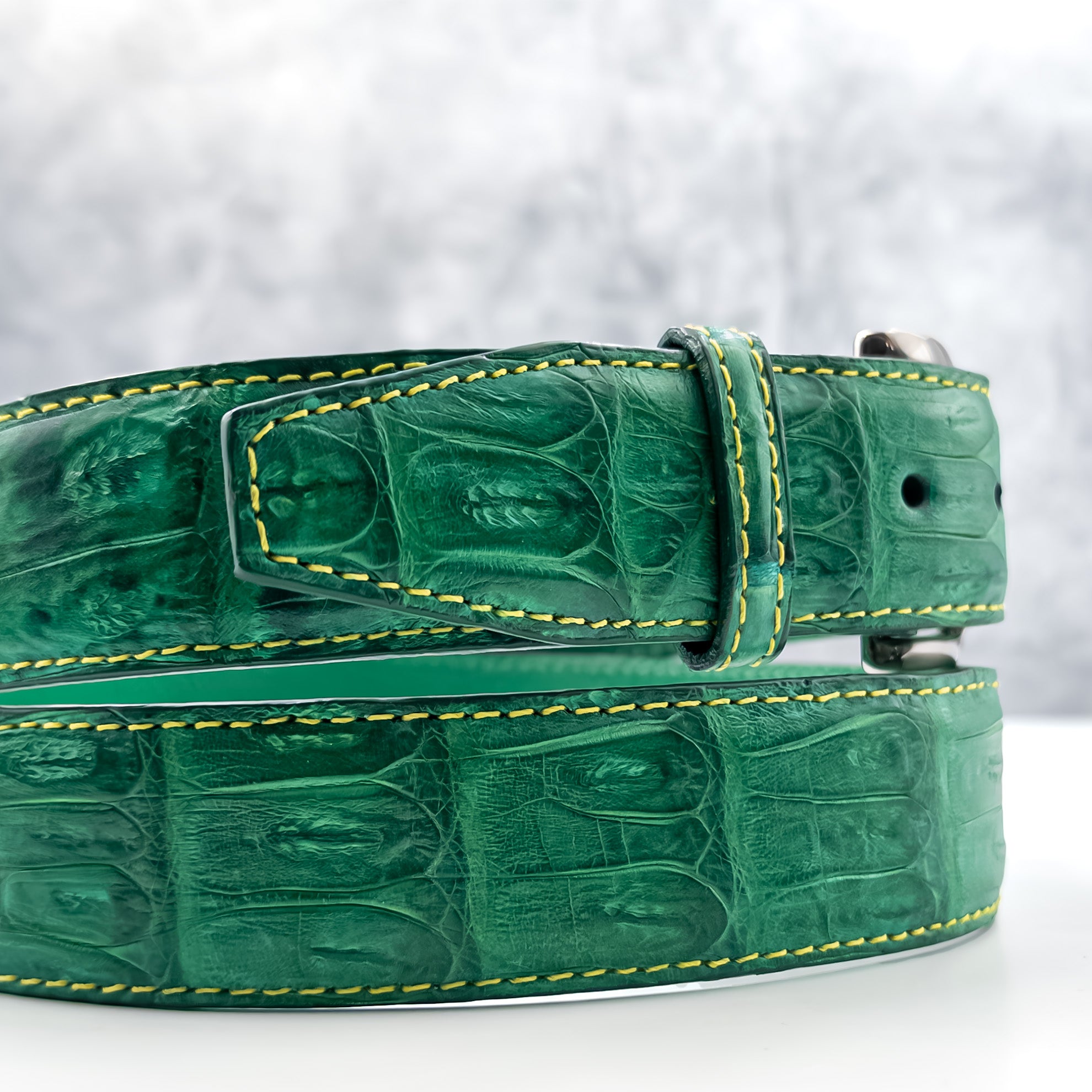 Grass Green Matte Caiman Tail with Diamond Tip. Green Pebble Grain Backing only available by request. 