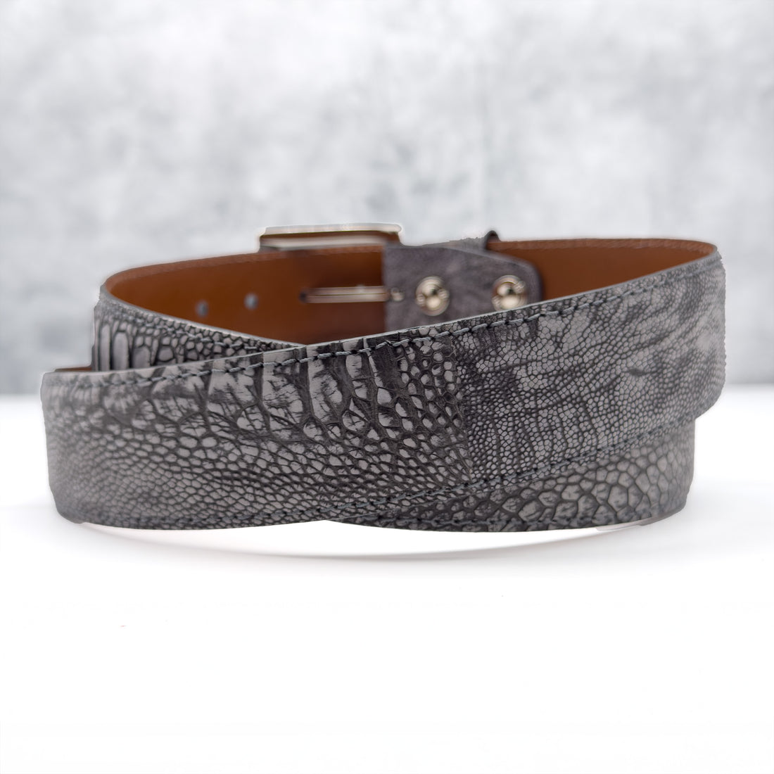 Ready To Ship Ostrich Shin Belt: Suede Grey