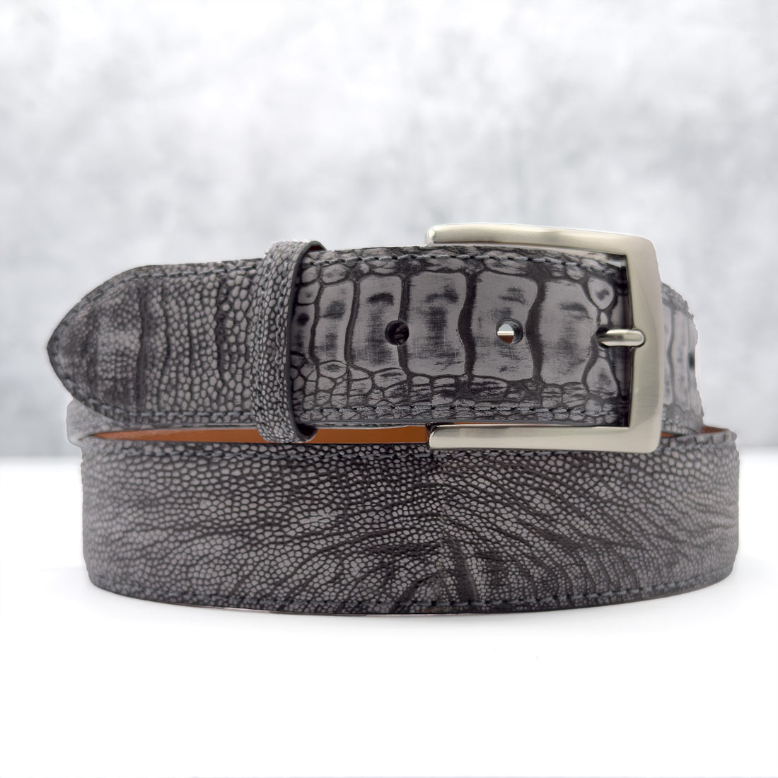 Ready To Ship Ostrich Shin Belt: Suede Grey