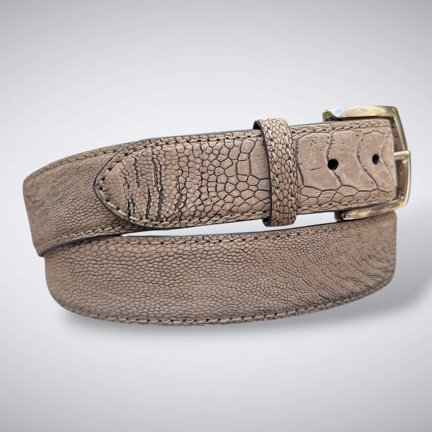 Here Comes the Sun Ostrich Shin Belt (Tan Suede, Tonal Stitch)