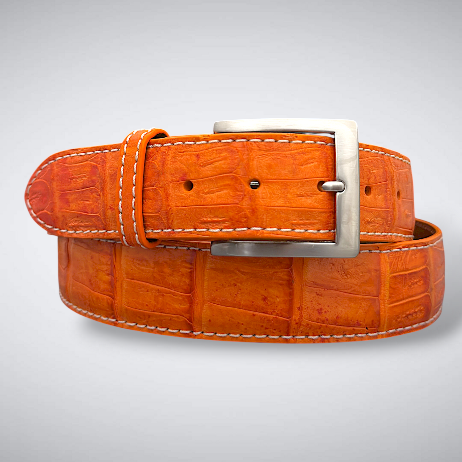 Matte Caiman Tail Belt – Marseille (Orange / White Stitch)