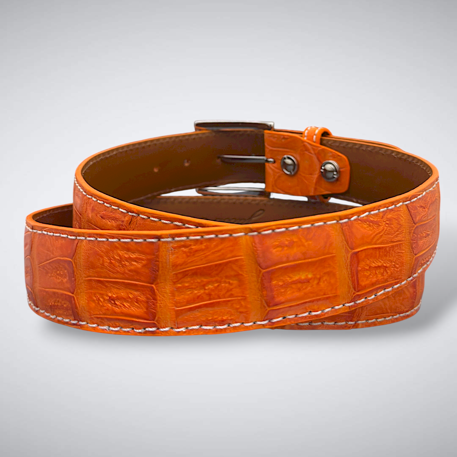 Matte Caiman Tail Belt – Marseille (Orange / White Stitch)