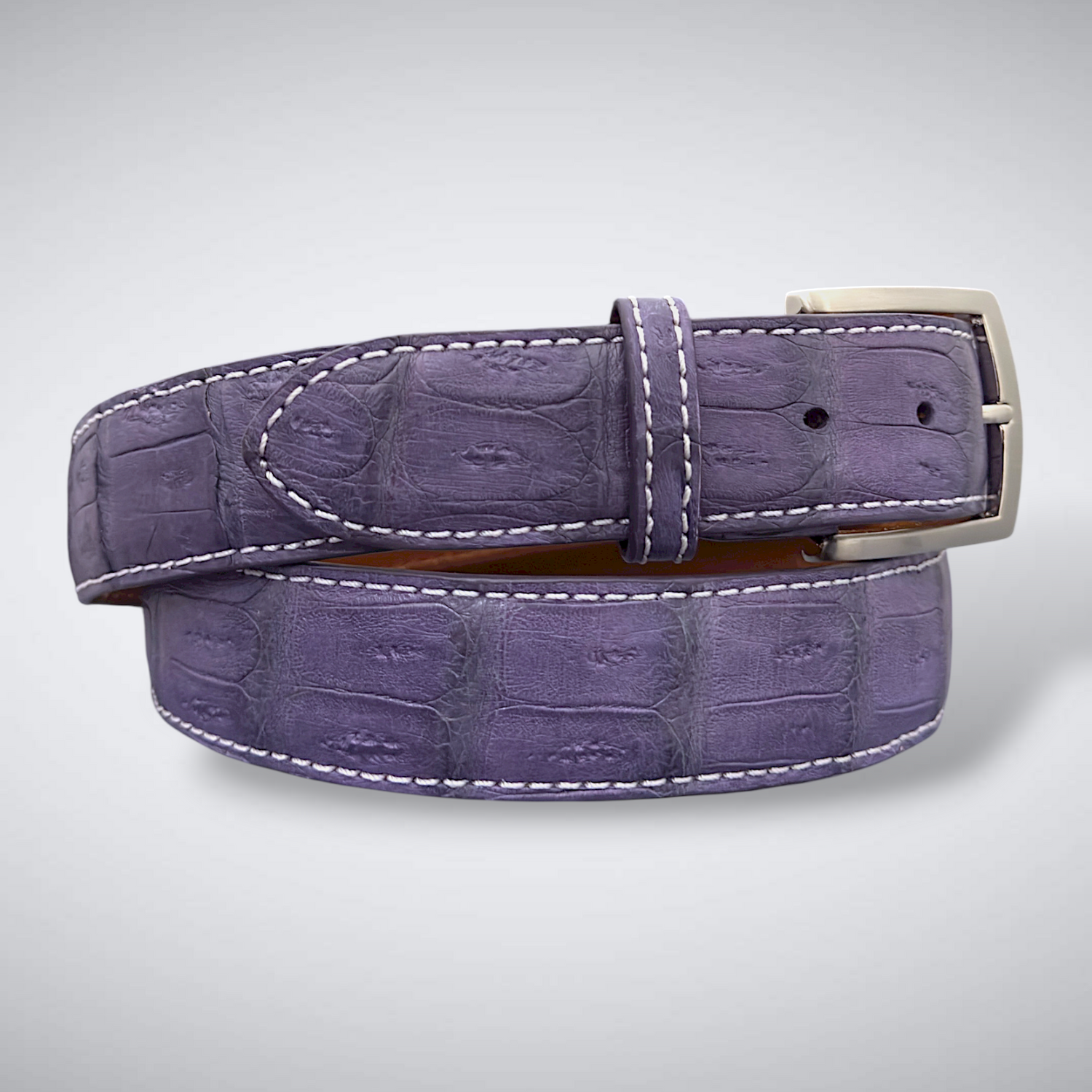 Matte Caiman Tail Belt – Louvre (Purple / White Stitch)