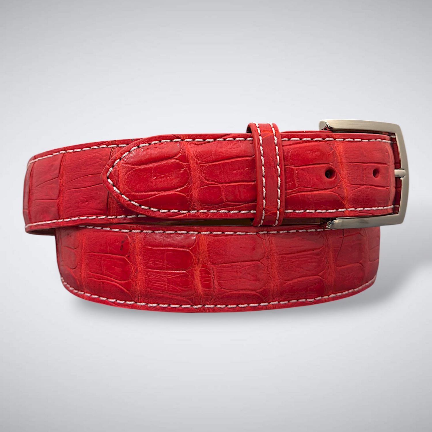 Matte Caiman Tail Belt – Valencia (Red / White Stitch)