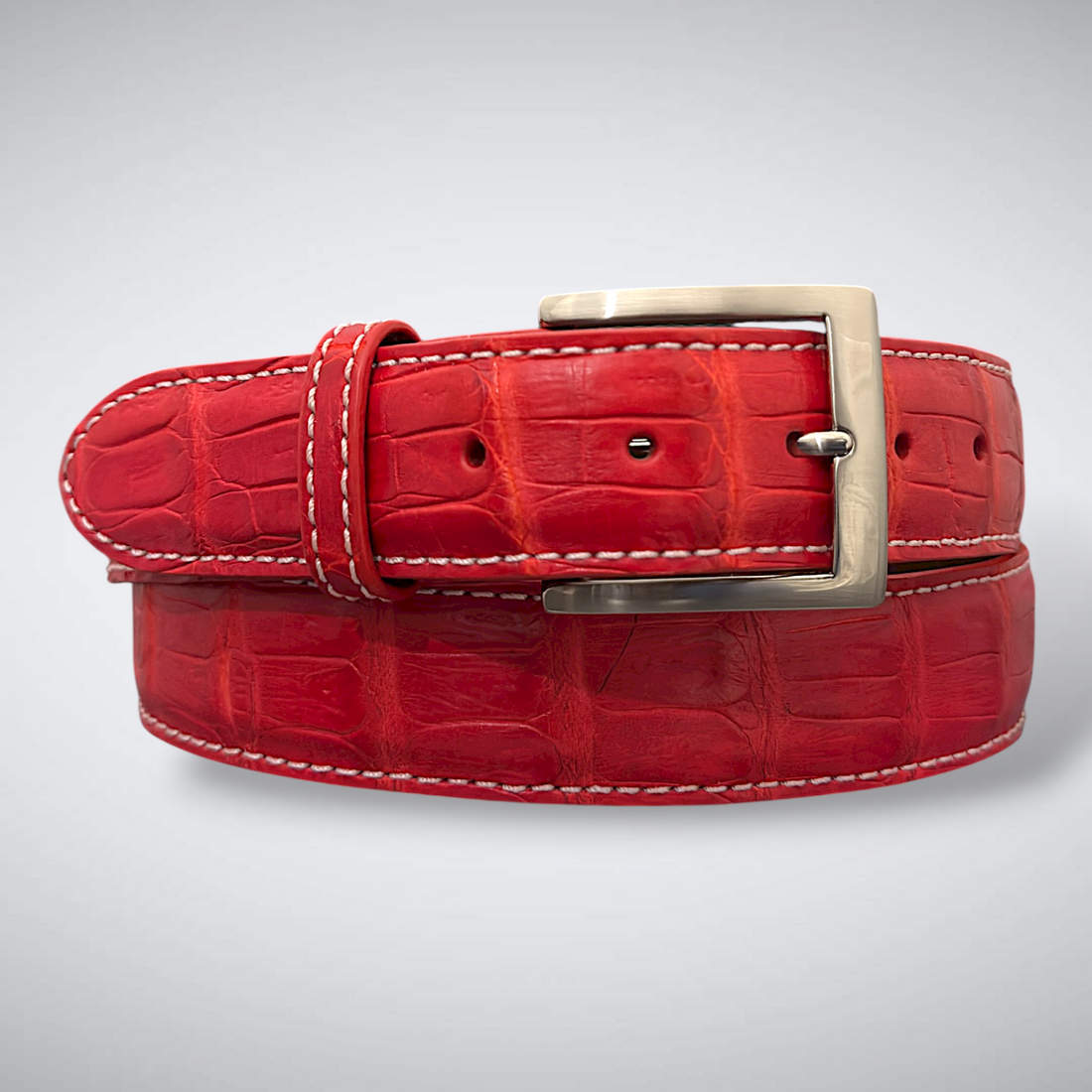 Matte Caiman Tail Belt – Valencia (Red / White Stitch)