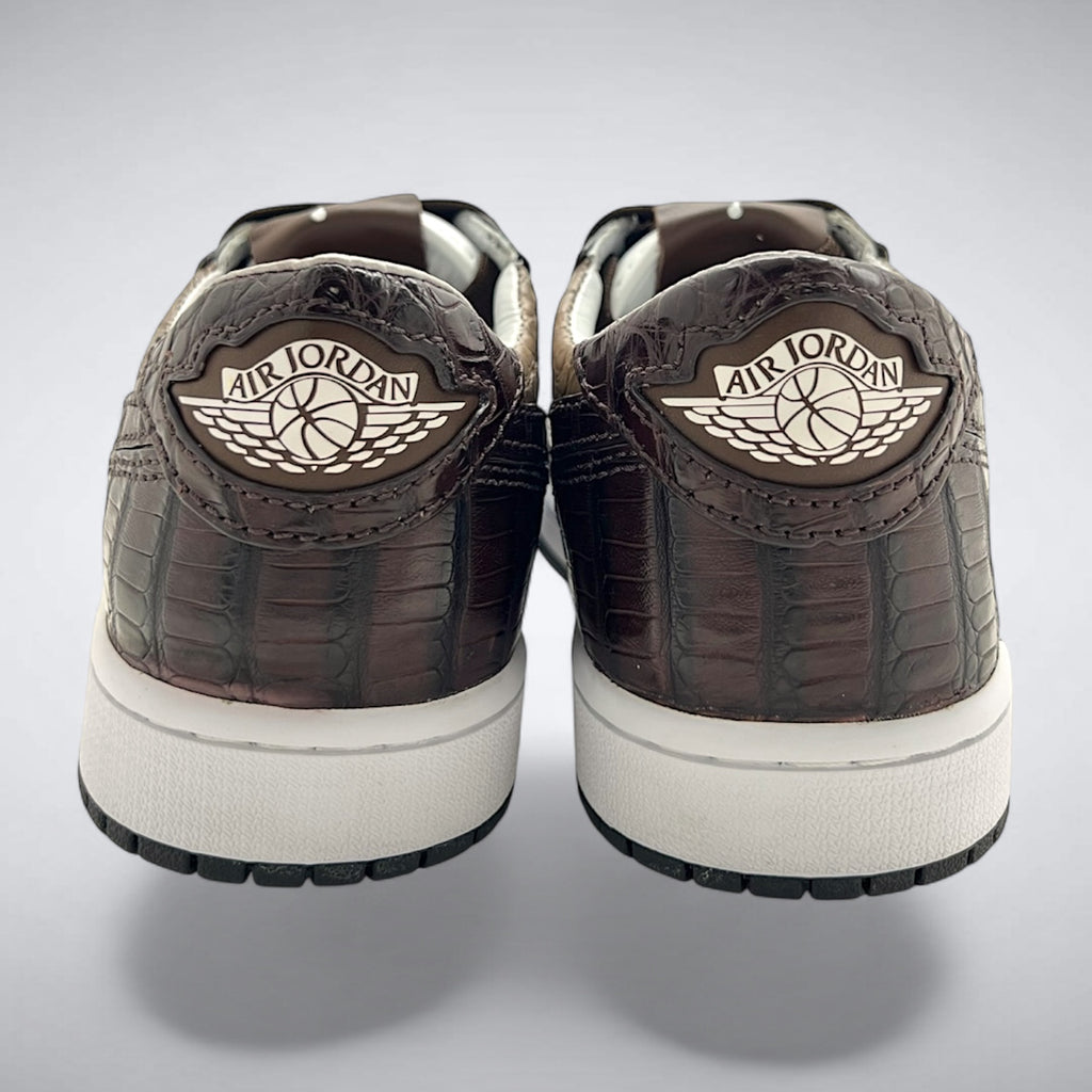 Sandstone alligator Air Jordan 1 Low heel detail with brown gator leather and wings logo
