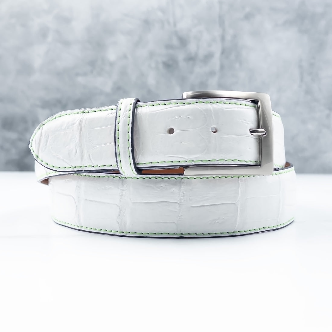 Ready To Ship Caiman Belt: White With Lime Stitch And Navy Edge (1.5&quot; Width)