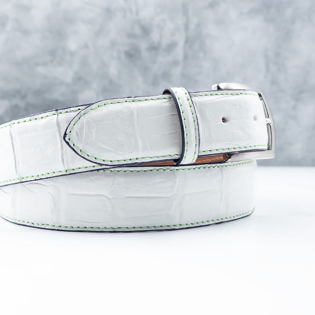 Ready To Ship Caiman Belt: White With Lime Stitch And Navy Edge (1.5&quot; Width)