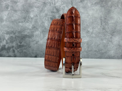 Matte Caiman Hornback with Horn Tips Belt: Cognac