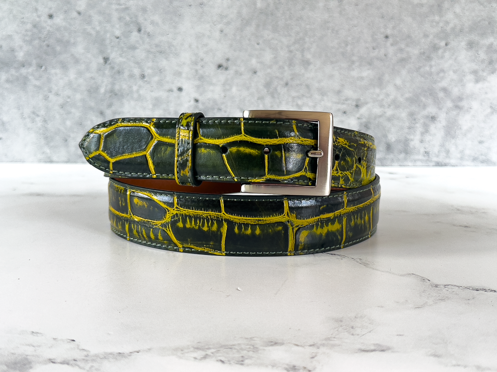Ready To Ship Alligator Belt: Green and Yellow (1.5&quot; width)