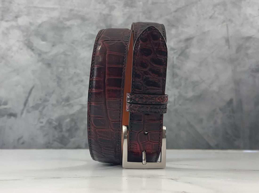 Hand-Dyed Single-Piece American Alligator Belt: Black Cherry